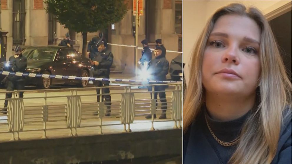 splitbild med poliser på gata och kvinna