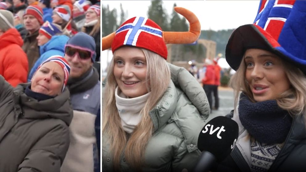 Tvådelad bild. Vänster: publik i vinterkläder. Höger: personer med norska flaggor på mössor intervjuas.