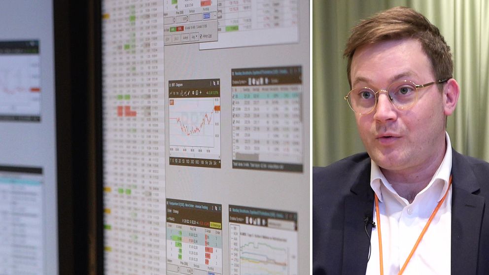 Delad bild. Till vänster: Skärmar visar grafer och data. Till höger: En bankman.