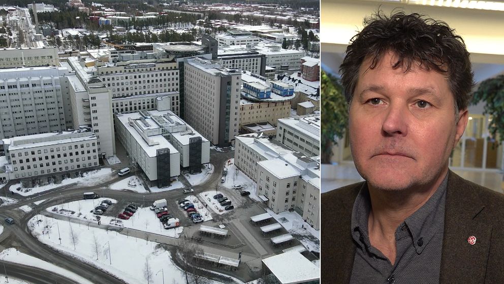 Delad bild. En drönarbild över Norrlands universitetssjukhus och en porträttbild på en sammanbiten Peter Olofsson som är regionstyrelsens ordförande.