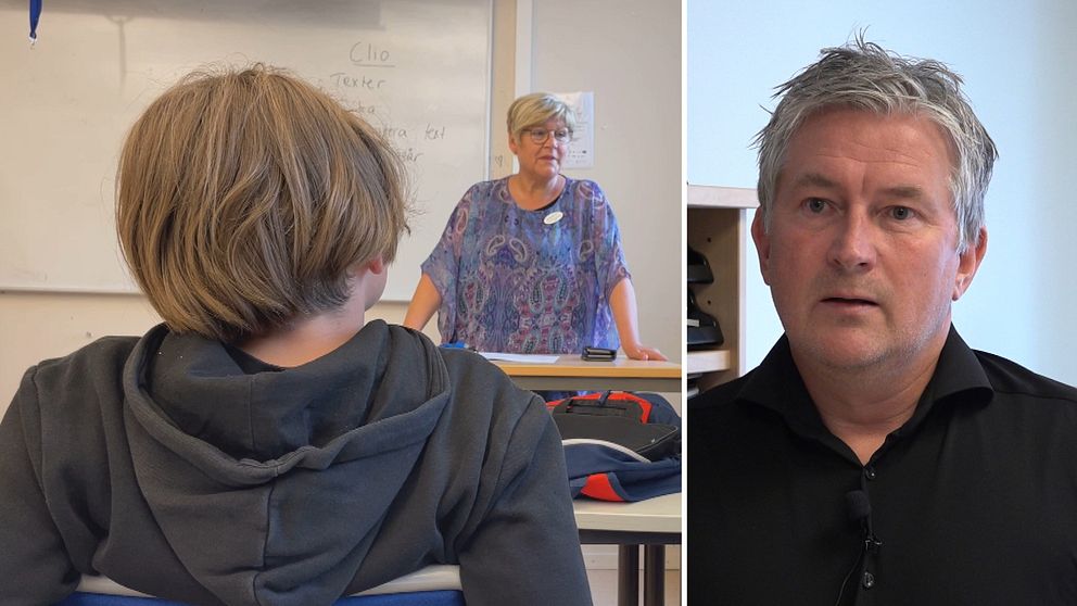 klassrum med lärare och elev, man i svart skjorta