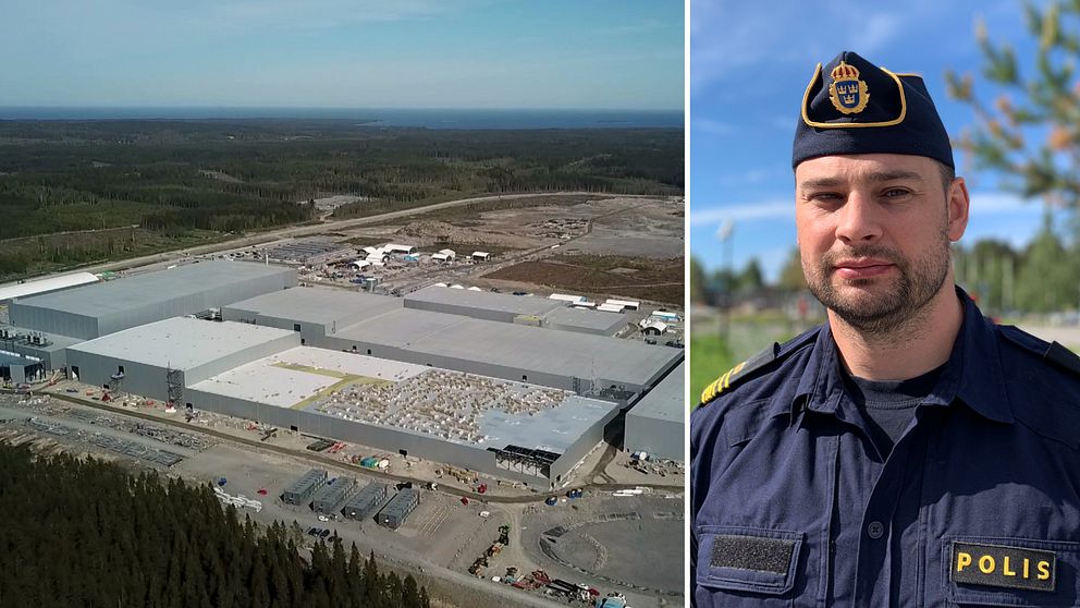 en drönarbild på batterifabriken i Skellefteå samt en porträtt på en polis