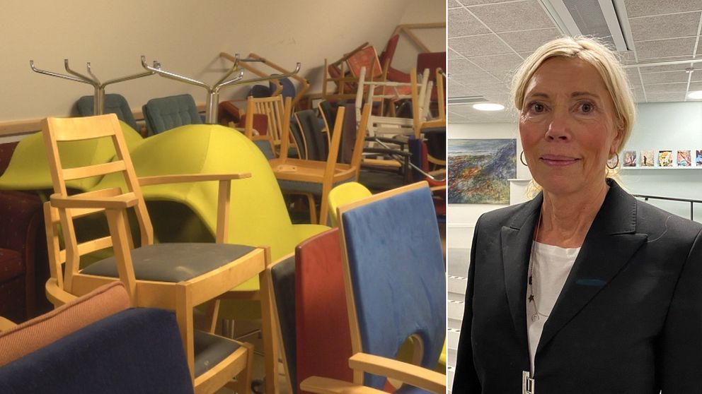 En delad bild som visar två sektioner. Till vänster syns en hög av olika stolar i varierande färger och former, inklusive en stor grön stol. Till höger visas en person i svart kavaj i en inomhusmiljö.