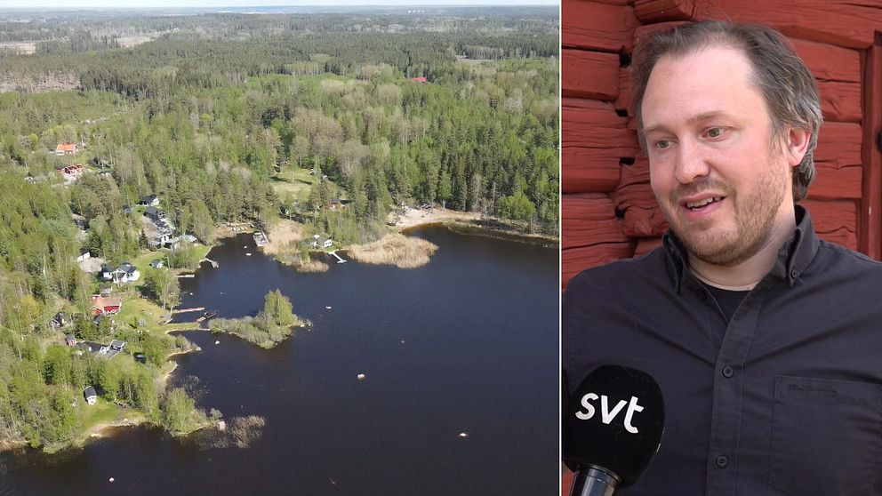 Drönarbild över sjö i Arboga och man som intervjuas av SVT om solcellspark