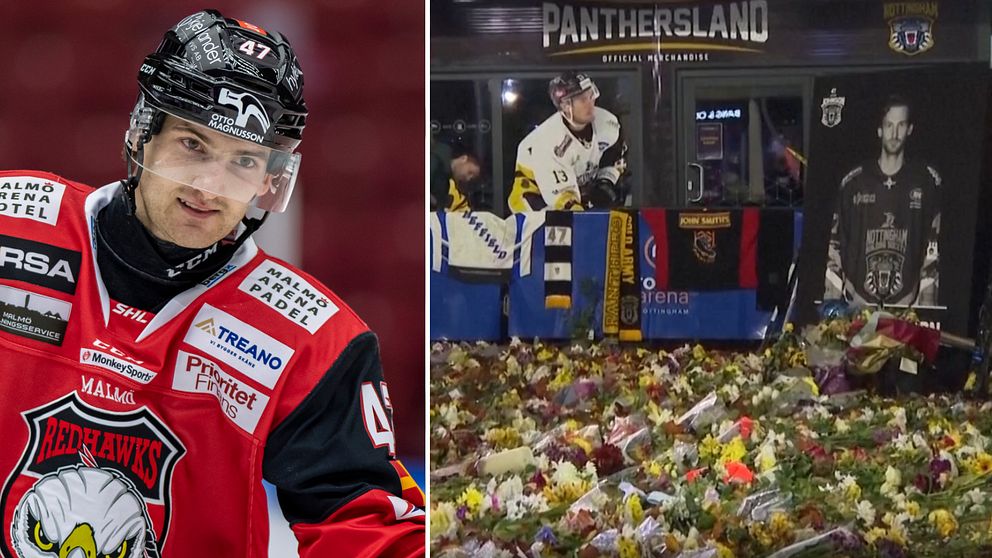 Delad bild. Vänster: ishockeyspelare i röd tröja. Höger: blomhav vid minnesplats för spelare.