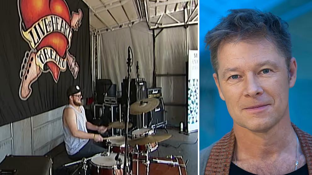 En trummis spelar med loggan från Live at Heart i bakgrunden. I bildens andra del syns en man med gråbrunt hår och blå ögon.