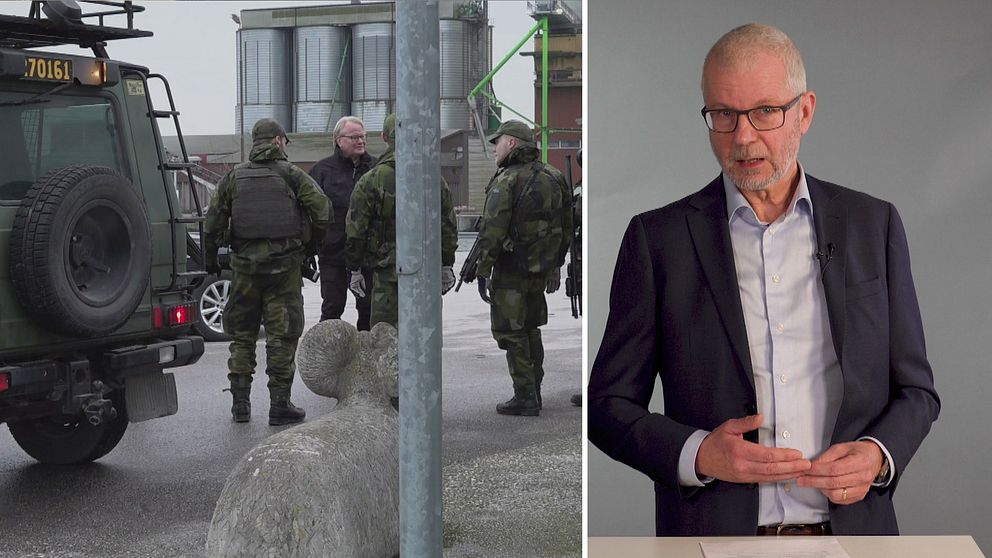 Delad bild. Vänster: soldater vid militärfordon. Höger: person i kostym gestikulerar.