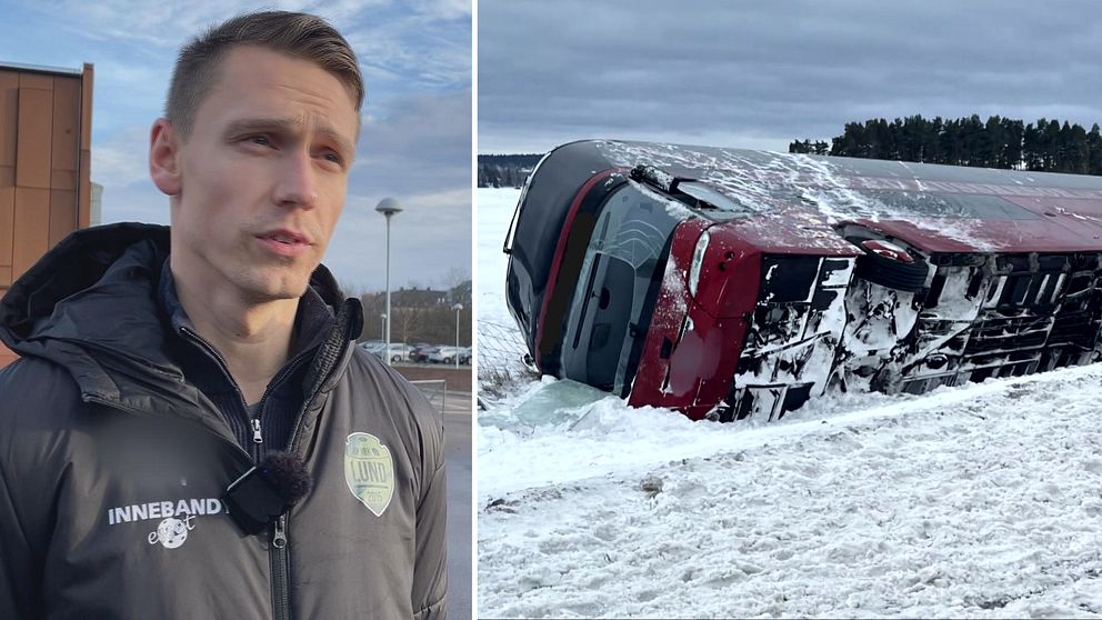 En delad bild som visar två olika scener. Till vänster står en man i en jacka med inskriptionen ”INNEBANDY” framför en byggnad. Till höger syns en kraschad buss som ligger på sidan i snön, med omgivande vinterlandskap.