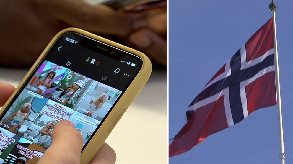 Till vänster en närbild på en hand som håller en smartphone med en skärm som visar flera videoklipp, och till höger den norska flaggan som vajar i vinden mot en klar himmel.