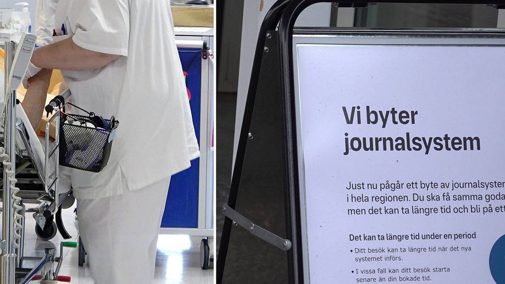 Delad bild: Till vänster syns en sjukvårdspersonal i vita kläder som arbetar med utrustning på en vagn. Till höger visas en skylt med texten ”Vi byter journalsystem” som informerar om ett pågående byte av journalsystem inom sjukvården.