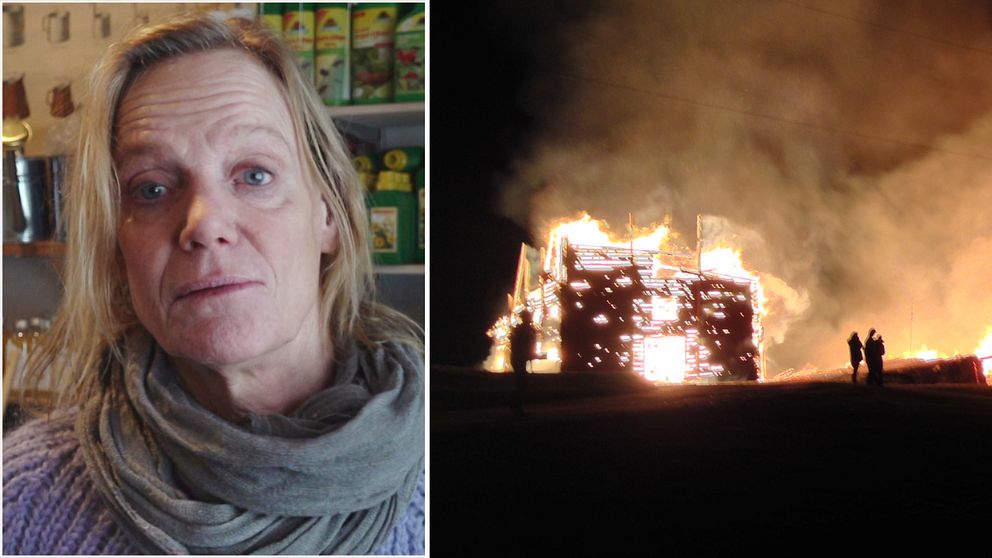 Ninna Lindström tittar in i kameran. Till höger hennes foto av branden i kungsladugården som hade kunnat sprida sig till hennes butik.