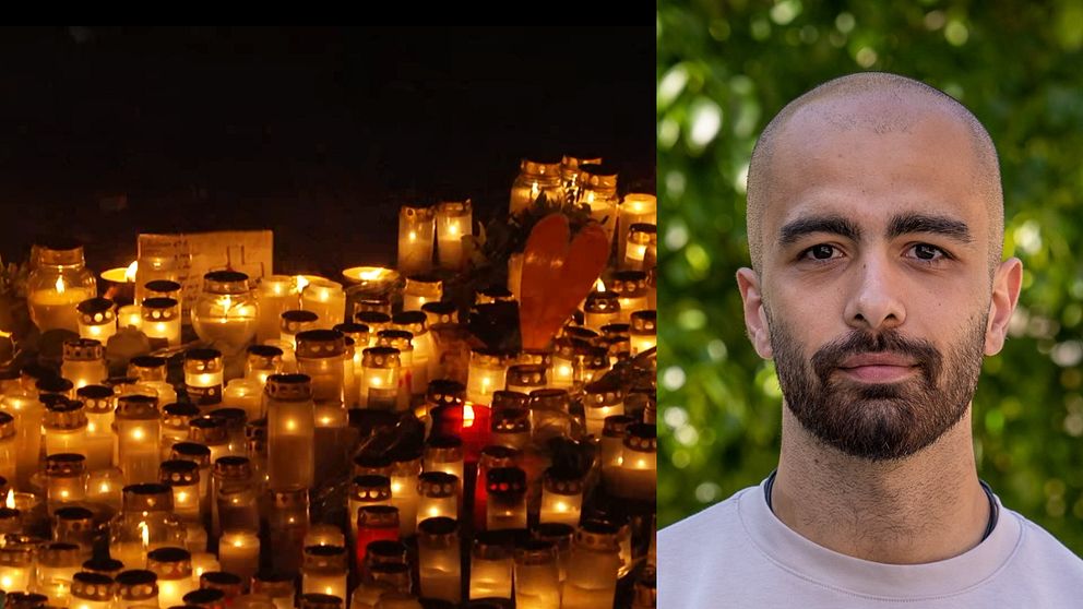 En delad bild. Vänstra sektionen visar ett stort antal tända ljus och ljuslyktor på en minnesplats, tillsammans med en hjärtformad dekoration, troligtvis för någon eller något som hedras. Högra sektionen visar en person mot en bakgrund av gröna blad.