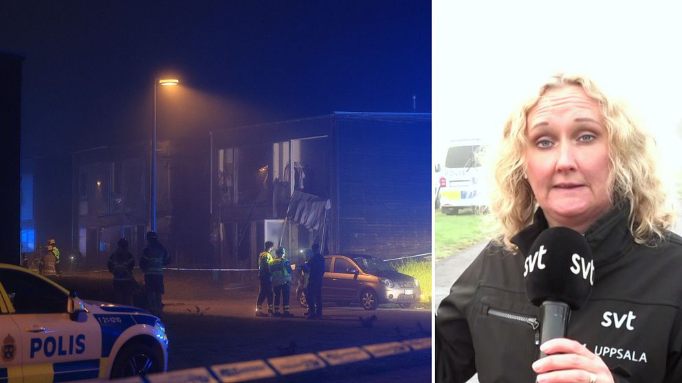 Tvådelad bild. Söndersprängdfasad med poliser i arbete utanför. Reporter på plats.