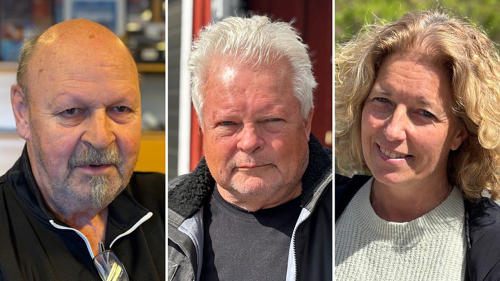 Tredelad bild. Tre personer står på olika platser i Hällevik i Blekinge med varierande bakgrunder.
