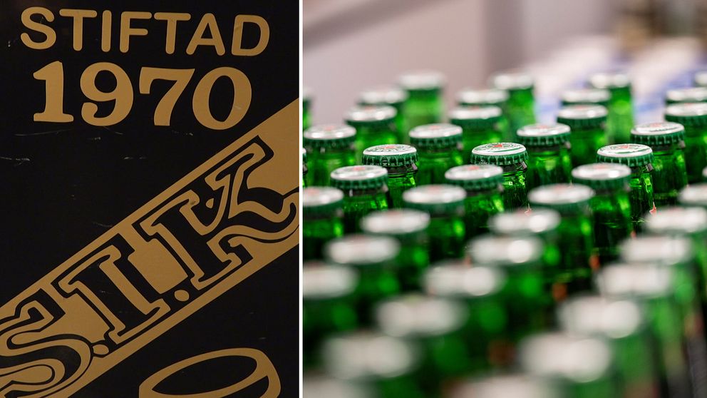Delad bild. Vänster: klubbmärke för SIK med text ”Stiftad 1970”. Höger: rad av gröna flaskor.
