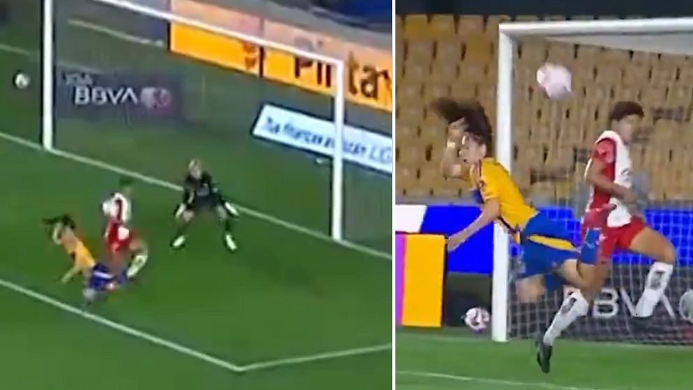 Dubbeldelad bild. Vänster: fotbollsspelare framför mål. Höger: nickduell framför målvakten.