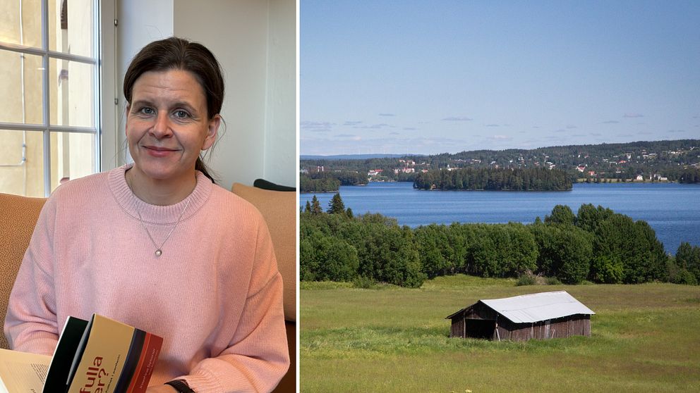 En person i en rosa tröja sitter inomhus med en bok i handen. I den delade bilden till höger syns en vacker landskapsvy med en sjö, omgiven av gröna träd och en gammal stuga med plåttak på en grön äng.