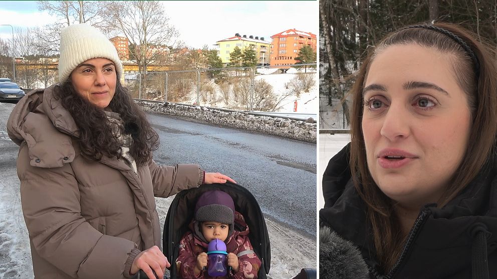 Vänster: En mamma med ett barn i barnvagn Höger: En mamma som intervjuas