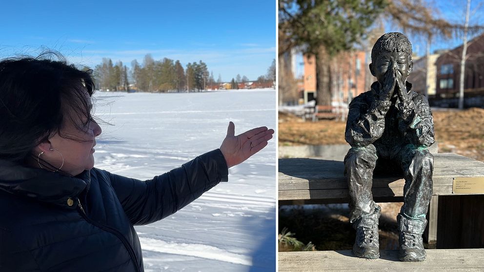 Monica Hedlund vid Sidtjärn i Boliden och statyn Gzim vid den frusna sjön i Stadsparken i Skellefteå
