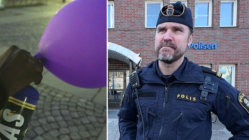 Till vänster lustgas som sprutas in i en ballong, till höger polisen Andreas Pettersson.