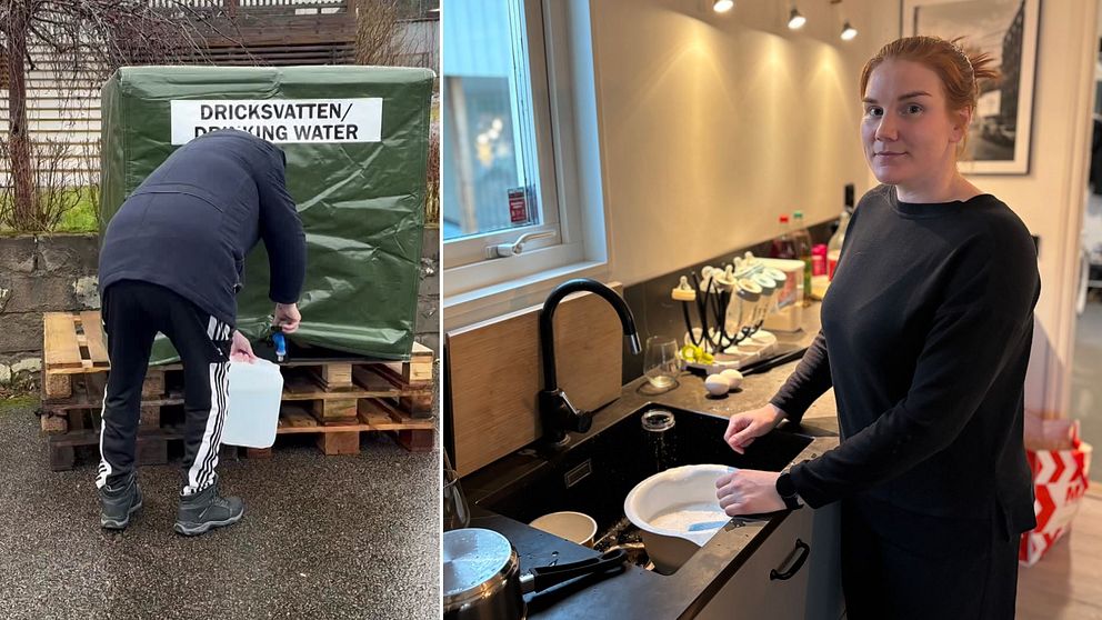 Den vänstra delen visar en person som fyller en behållare med dricksvatten från en grön behållare. Den högra delen visar en r en person står vid en diskho och tvättar lämpliga köksredskap eller tallrikar.