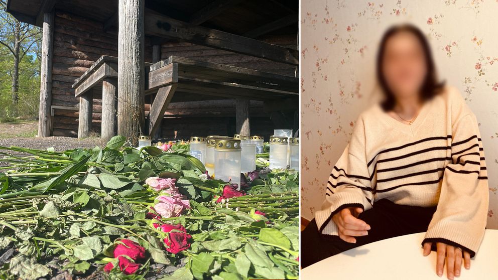 En bild på rosor som lagts ner i det vindskydd där en kvinna hittades död. En bild på kvinnan med blurrat ansikte som sitter vid ett köksbord