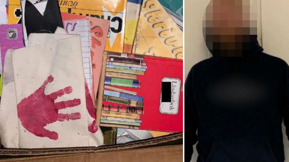 Barnteckningar och skrivböcker, blurrad bild på brottsmisstänkt man.