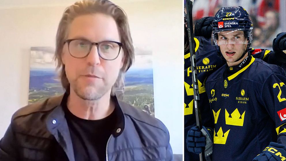 Delad bild. Vänster: person i vardagsrum. Höger: ishockeyspelare i Tre Kronor-tröja på isen.