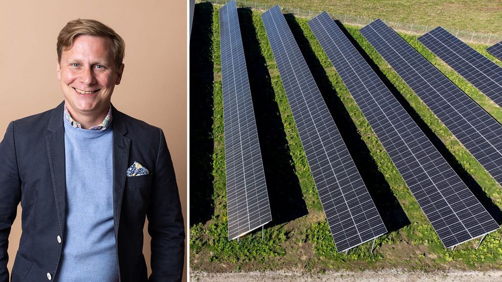 Bild på Christian Gustafsson, vd Ilmatar och bild på solceller på ett fält
