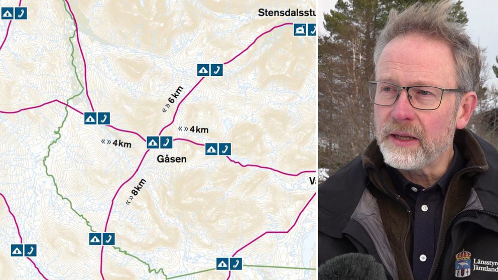 Delad bild. Till vänster karta över fjälleder runt Gåsen. Till höger Göran Gabling, biträdande enhetschef på Länsstyrelsen i Jämtland