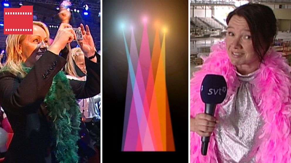 Publik, Melodifestivalens logga och en reporter.