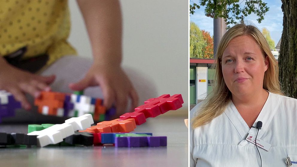 Till vänster syns ett barn som leker med plusplus på förskolan och till höger sjuksköterskan Caroline Pira, klädd i vita arbetskläder.