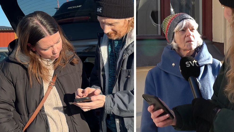 Bilden är delad och består av två sektioner. I den vänstra sektionen tittar två personer på en mobiltelefon i ett utomhusmiljö. I den högra sektionen intervjuar en reporter med SVT:s mikrofon en person som håller i en mobiltelefon.