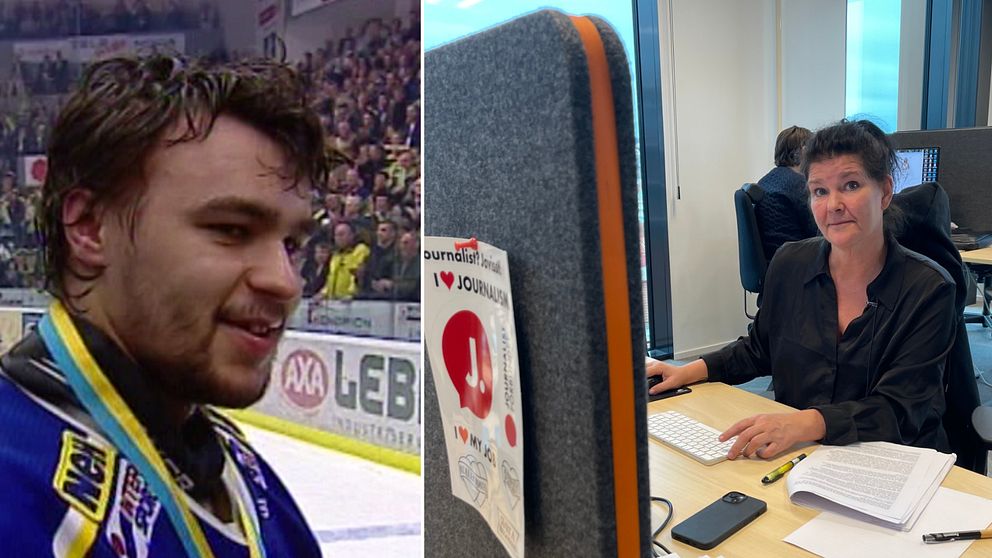 Till vänster syns en hockeyspelare som firar efter en match, omgiven av jublande åskådare och med en medalj runt halsen. Till höger är en person som arbetar vid ett skrivbord i ett kontorsmiljö, med fokus på datorn och anteckningar.