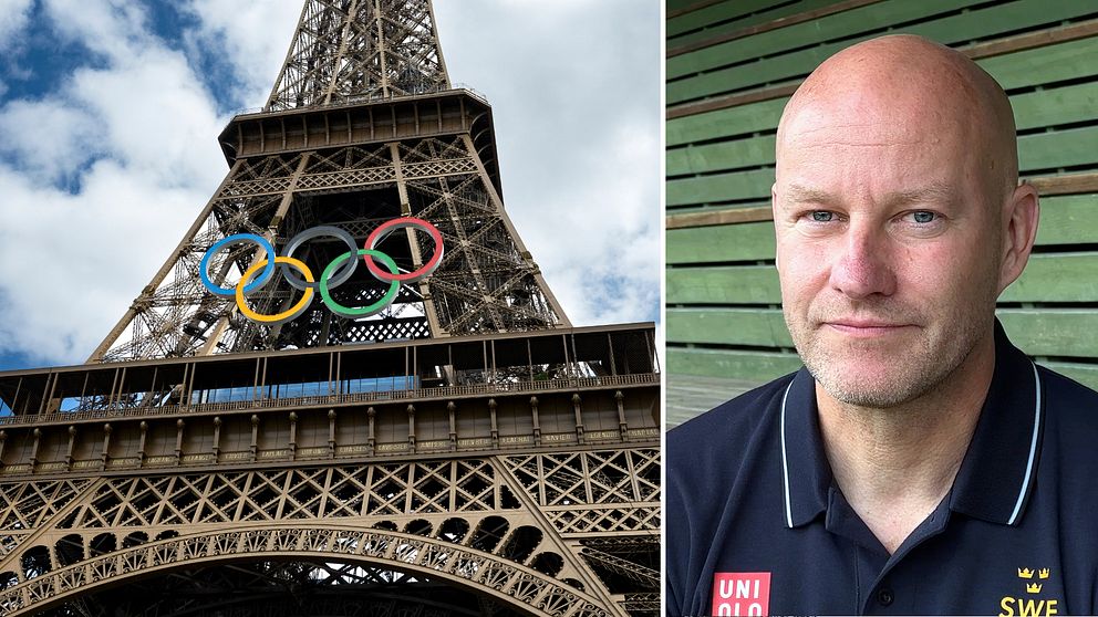 Bild på OS-ringarna på Eiffeltornet i Paris och en bild på Niclas Grön som är truppchef