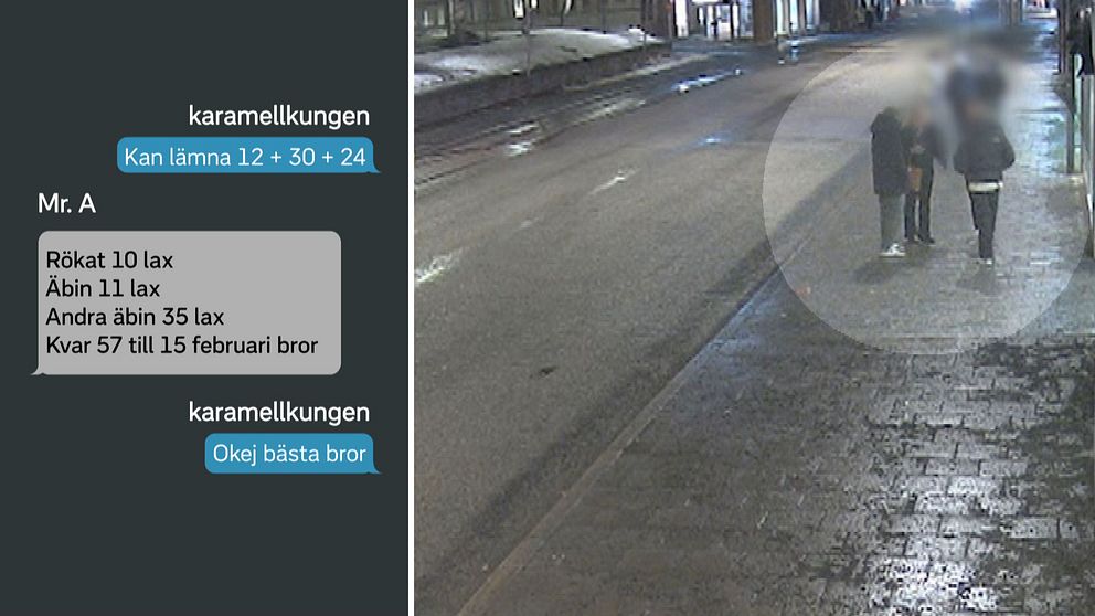 Bilden visar en delad bild med två sektioner. Den vänstra sektionen innehåller en konversation på chatten mellan användarna ”karamellkungen” och ”Mr. A”, där de diskuterar olika litterära äventyr och kvantiteter. Den högra sektionen visar en suddig nattlig gatubild med två personer som går tillsammans. Gatubelysning och snöiga områden är synliga i bakgrunden.