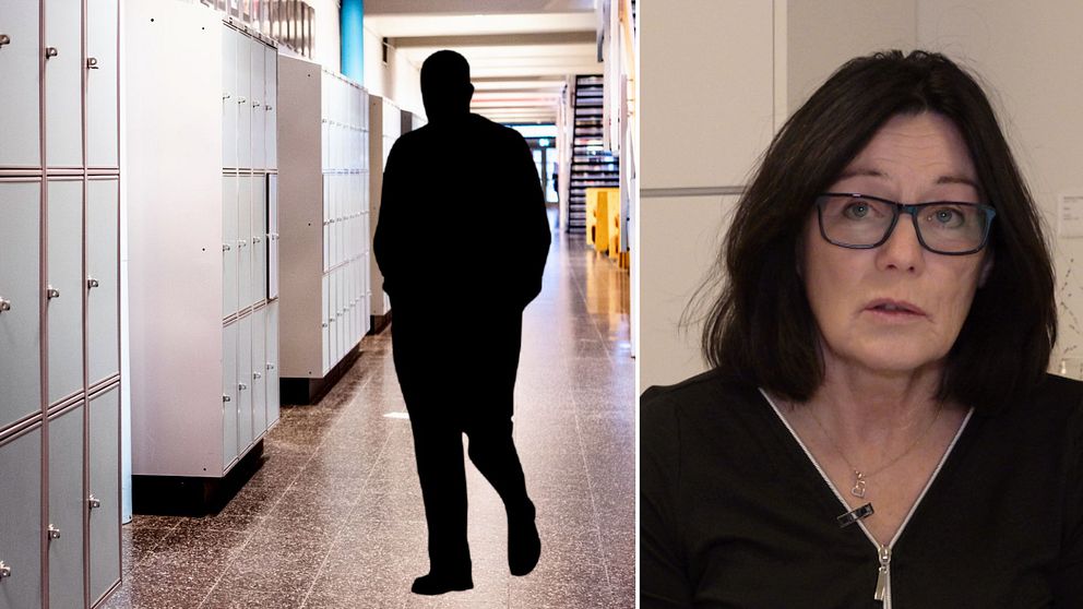 split manlig siluett i skolkorridor, kvinna halvfigur