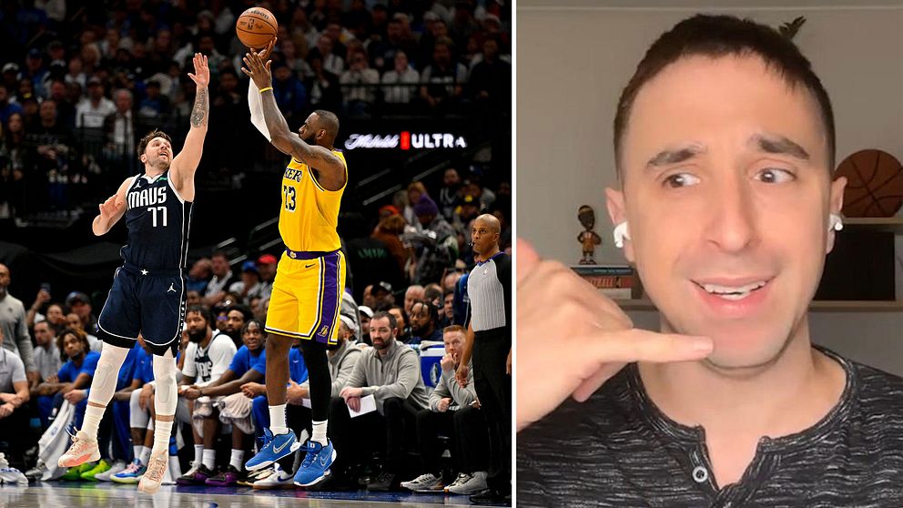 Till vänster: Basketspelare från Dallas Mavericks och Los Angeles Lakers i strid om bollen under en match på fullsatt arena. Till höger: En person med suddat ansikte syns i en närbild.
