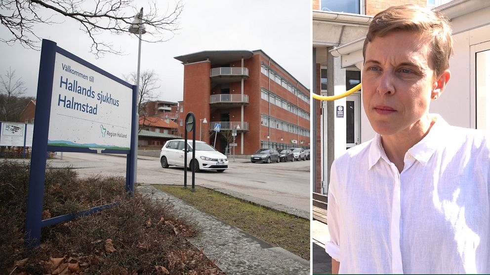 Hallands sjukhus skylt och Carolina Samuelsson sjukhuschef