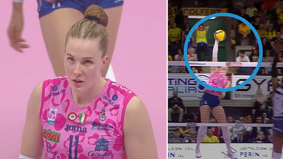 Delad bild. Vänster: volleybollspelare i rosa tröja. Höger: smashar boll i match.