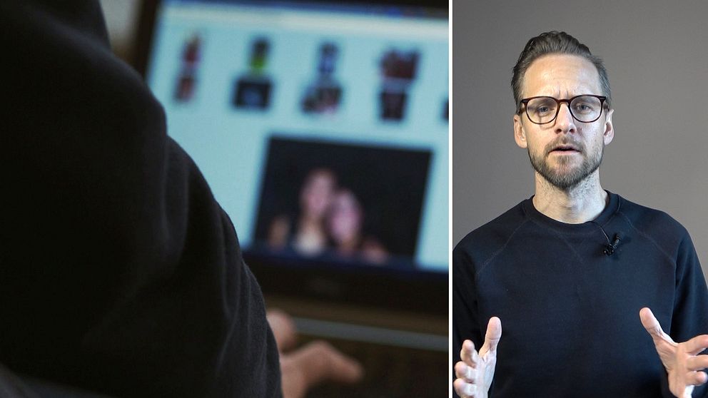 En delad bild som visar två sektioner. Den vänstra sektionen visar en person som sitter vid en dator och blickar ner mot skärmen där bilder syns. Den högra sektionen visar SVT:s reporter Henrik Kilefors.