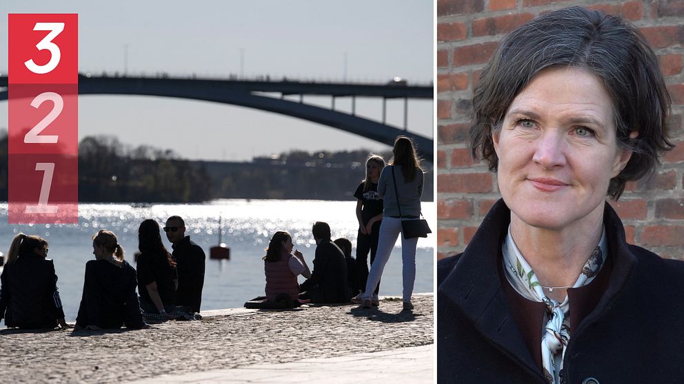 Tvådelad bild: Människor vid vattnet med Västerbron i bakgrunden, till höger Anna Kinberg Batra, landshövding i Stockholms län.