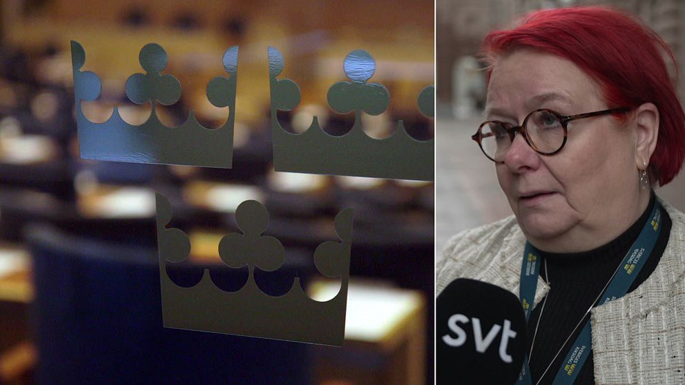 Vasemmalla: Arkistokuva eduskunnan istuntosalista. Oikealla: Mirja Räihä (Sosialidemokraatit) (SDP), kansanedustaja, SVT:n haastattelussa. Till vänster: Arkivbild från riksdagens kammare. Till höger: Mirja Räihä (Socialdemokraterna) (S), riksdagsledamot, i en SVT-intervju.