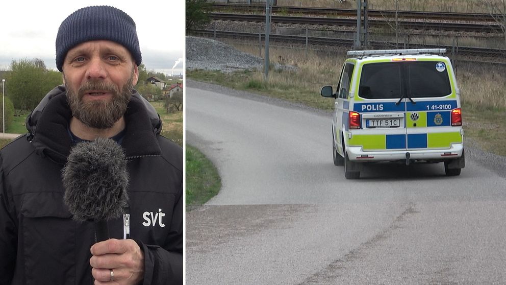 Delad bild. Till vänster: reporter med mikrofon. Till höger: polisbil kör på landsväg.