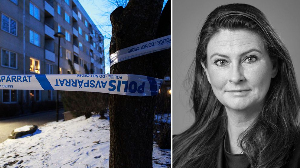 Polisens avspärrning sträcker sig runt en trädstam utanför en flerfamiljebyggnad på en snötäckt gata. Till vänster syns en del av byggnaden i bakgrunden, vilket ger en känsla av en plats som är under utredning. Till höger är en bild på en kvinna, Therese Linderoth, hovrättsråd.