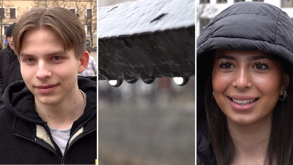 en ung kille och tjej och regndroppar på ett räcke