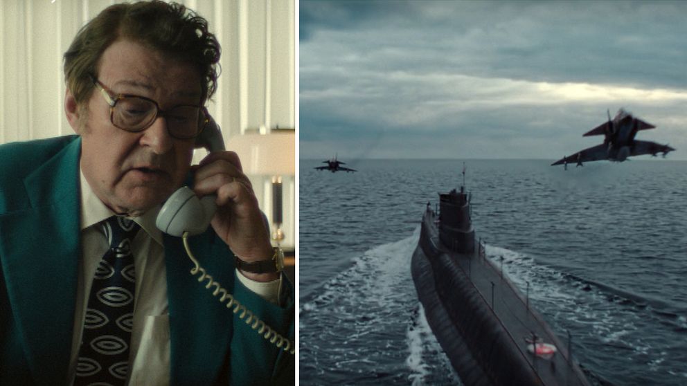 En delad bild som visar två scener: till vänster en man i kostym som pratar i telefon, och till höger en ubåt som navigerar i havet med två stridsflygplan i luften ovanför.