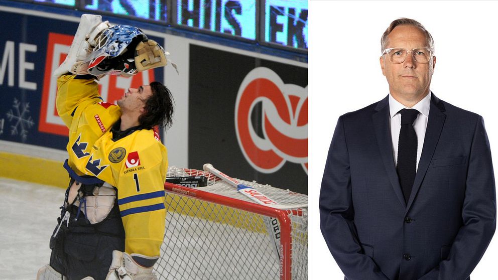 Målvakten Stefan Liv och Richard Nylin, klubbdirektör HV71.