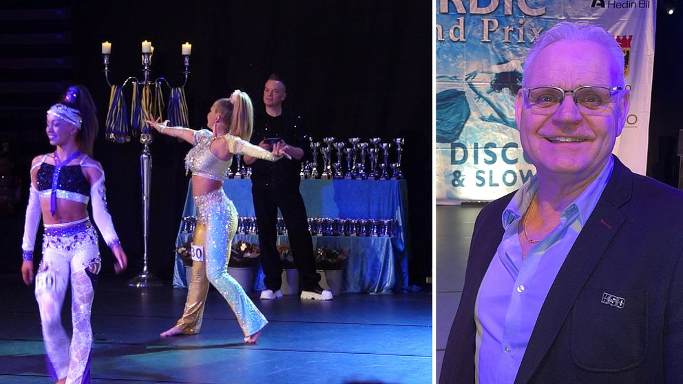 tvådelad bild. till vänster syns två tjejer dansa discodans iklädda speciella glittriga danskläder. i bakgrunden syns en man och flera pokaler och medaljer. Till höger i bild står en äldre man med glasögon och grått hår och ler in i kameran.