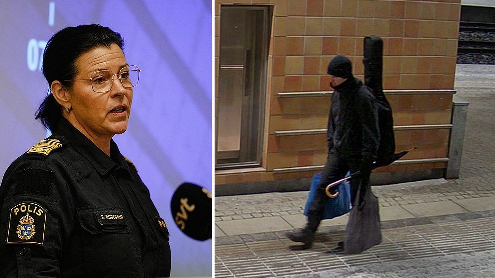 Kvinna med mörkt hår och glasögon i polisuniform på polisens pressträff i Örebro efter två veckor efter att en skolskjutning ägt rum på Risbergska skolan, samt en bild på den misstänkta gärningsmannen Rickard Andersson utomhus med mörka kläder strax före dådet.